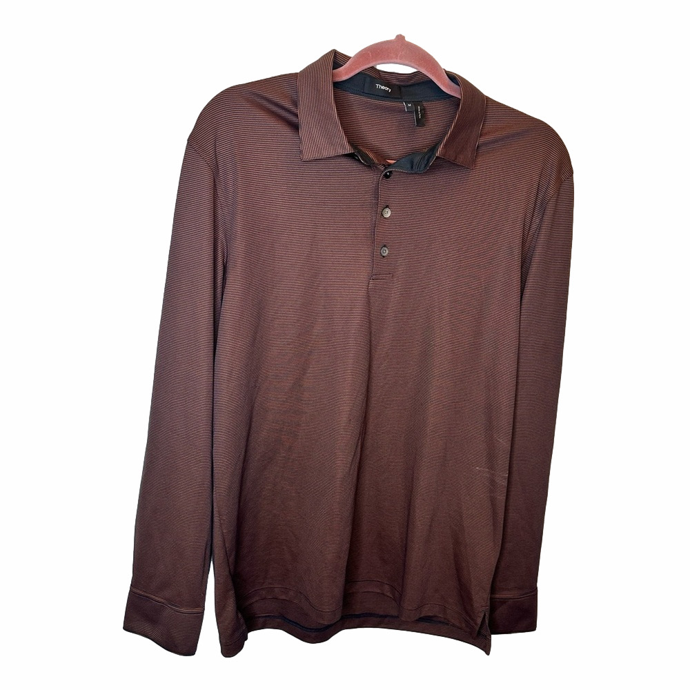 Theory Masser Polo in Brown Stripe Size Medium